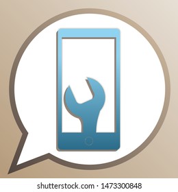 Phone icon with settings. Bright cerulean icon in white speech balloon at pale taupe background. Illustration.