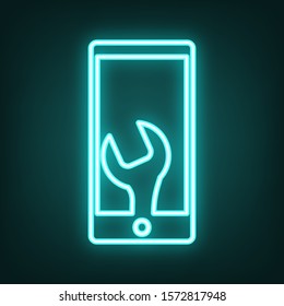 Phone icon with settings. Cyan neon icon in the dark. Bluring. Luminescence. Illustration.