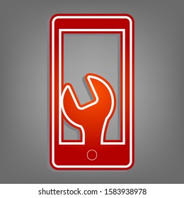 Phone icon with settings. Flat red icon with linear white icon with gray shadow at grayish background. Illustration.
