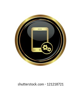 Phone icon with settings menu on the black with gold round button. Vector illustration