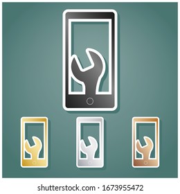 Phone icon with settings. Set of metallic Icons with gray, gold, silver and bronze gradient with white contour and shadow at viridan background. Illustration.