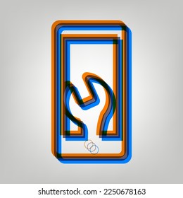 Icono de teléfono con configuración. Icono marcado en colores naranja, azul y lavanda antigua en fondo gris. Ilustración.