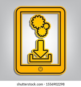 Phone icon with settings symbol. Flat orange icon with overlapping linear black icon with gray shadow at whitish background. Illustration.