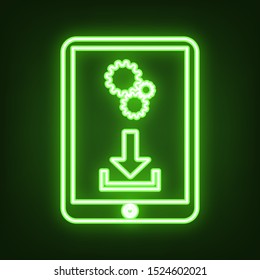 Phone icon with settings symbol. Green neon icon in the dark. Blurred lightening. Illustration.