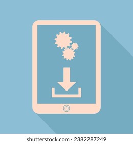 Phone icon with settings symbol. Unbleached silk Icon with very long shadow at dark sky blue background. Illustration.