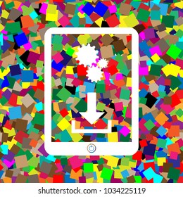 Phone icon with settings symbol. Vector. White icon on colorful background with seamless pattern from squares.