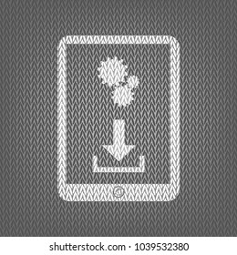 Phone icon with settings symbol. Vector. White knitted icon on gray knitted background. Isolated.
