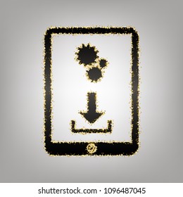 Phone icon with settings symbol. Vector. Blackish icon with golden stars at grayish background.