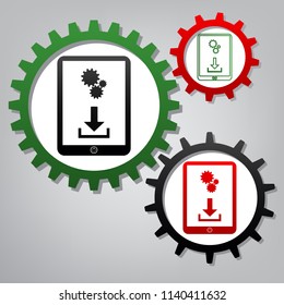 Phone icon with settings symbol. Vector. Three connected gears with icons at grayish background.
