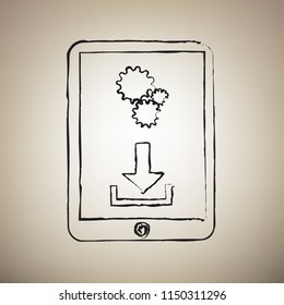 Phone icon with settings symbol. Vector. Brush drawed black icon at light brown background.