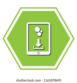 Phone icon with settings symbol. Vector. White icon with black shadow at yellow green honeycomb on white background.