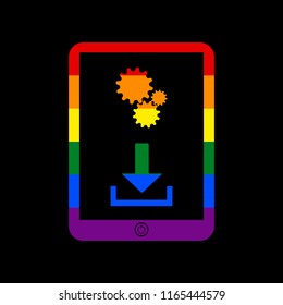 Phone icon with settings symbol. Vector. Icon with colors of LGBT flag at black background.