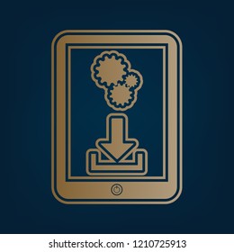 Phone icon with settings symbol. Vector. Golden icon and border at dark cyan background.