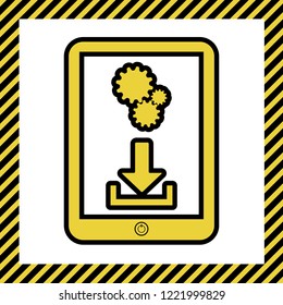 Phone icon with settings symbol. Vector. Warm yellow icon with black contour in frame named as under construction at white background. Isolated.