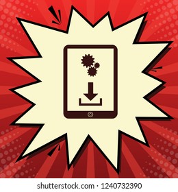 Phone icon with settings symbol. Vector. Dark red icon in lemon chiffon shutter bubble at red popart background with rays.