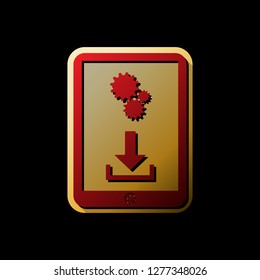 Phone icon with settings symbol. Vector. Red icon with small black and limitless shadows at golden sticker on black background.