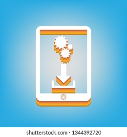 Phone icon with settings symbol. Vector. White icon with 3d warm-colored gradient body at sky blue background.