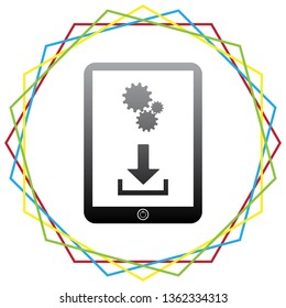 Phone icon with settings symbol. Vector. Black icon with patch of light inside colorful hexagonal frames at white background.