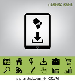 Phone icon with settings symbol. Vector. Black icon at gray background with bonus icons 
