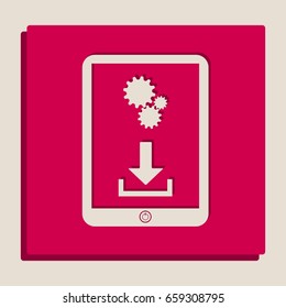 Phone icon with settings symbol. Vector. Grayscale version of Popart-style icon.