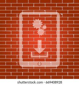 Phone icon with settings symbol. Vector. Whitish icon on brick wall as background.