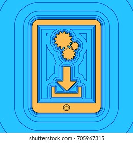 Phone icon with settings symbol. Vector. Sand color icon with black contour and equidistant blue contours like field at sky blue background. Like waves on map - island in ocean or sea.