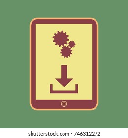 Phone icon with settings symbol. Vector. Cordovan icon and mellow apricot halo with light khaki filled space at russian green background.