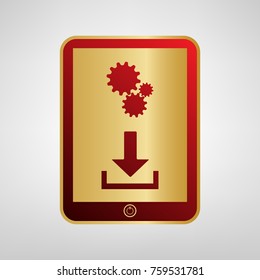 Phone icon with settings symbol. Vector. Red icon on gold sticker at light gray background.