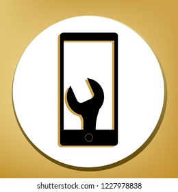 Phone icon with settings. Vector. Black icon with light brown shadow in white circle with shaped ring at golden background.