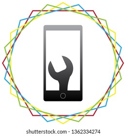 Phone icon with settings. Vector. Black icon with patch of light inside colorful hexagonal frames at white background.