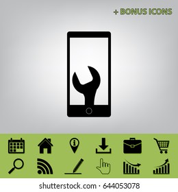 Phone icon with settings. Vector. Black icon at gray background with bonus icons