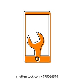 Phone icon with settings. Vector. Black line icon with shifted flat orange filled icon on white background. Isolated.