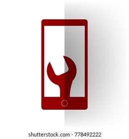 Phone icon with settings. Vector. Bordo icon on white bending paper background.