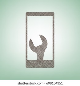 Phone icon with settings. Vector. Brown flax icon on green background with light spot at the center.