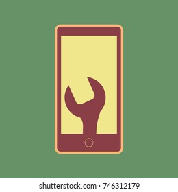 Phone icon with settings. Vector. Cordovan icon and mellow apricot halo with light khaki filled space at russian green background.