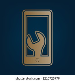 Phone icon with settings. Vector. Golden icon and border at dark cyan background.