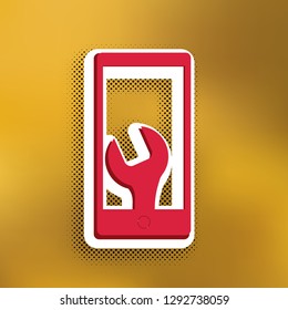 Phone icon with settings. Vector. Magenta icon with darker shadow, white sticker and black popart shadow on golden background.