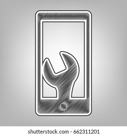 Phone icon with settings. Vector. Pencil sketch imitation. Dark gray scribble icon with dark gray outer contour at gray background.