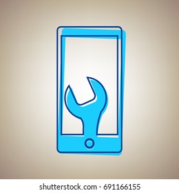 Phone icon with settings. Vector. Sky blue icon with defected blue contour on beige background.