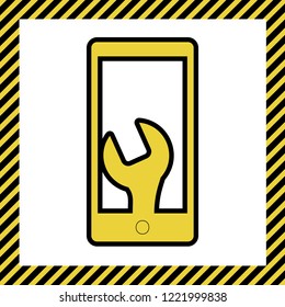 Phone icon with settings. Vector. Warm yellow icon with black contour in frame named as under construction at white background. Isolated.