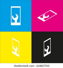 Phone icon with settings. Vector. White icon with isometric projections on cyan, magenta, yellow and black backgrounds.