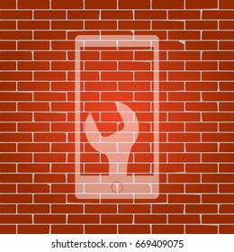 Phone icon with settings. Vector. Whitish icon on brick wall as background.