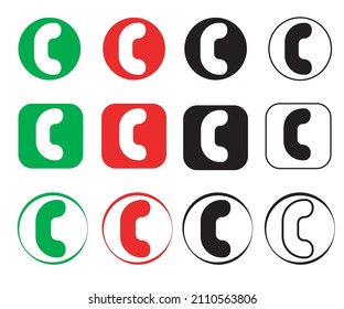 Phone icon in several shapes, square and circular icons with different colors. 