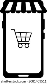 Phone icon with shopping cart, black silhouette. Highlighted on a white background. Vector illustration. A series of business icons.