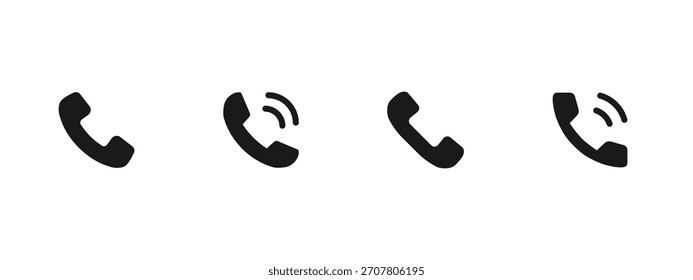Telefonsymbol. Solide Silhouetten für Handapparate mit Klingelzeichen für Ruf- und Kommunikationsvektorgrafik. Mobile Kontaktaktionen, Telefonverbindungsfunktionen und Hotline-Support-Tools signieren. Piktogramm der Benutzeroberfläche