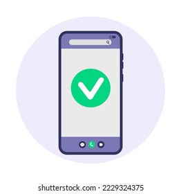 Icono de teléfono, mensaje de operación correcto, icono de confirmación. Ilustración vectorial en estilo plano. 