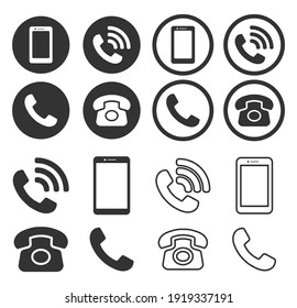 Phone icon symbol set. Smartphone, Old phone logo sign shape collection. Vector illustration image. Isolated on white background.