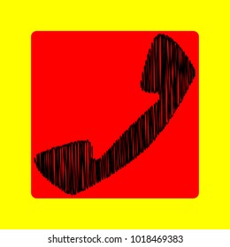 Phone icon. Vector. Black scribble icon in red container with rounded corners at yellow background. Isolated.