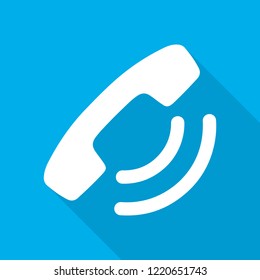 Phone icon. Vector illustration. White phone icon with long shadow on blue background.
