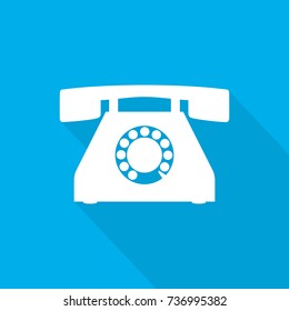 Phone icon. Vector illustration. White phone icon with long shado on blue background.